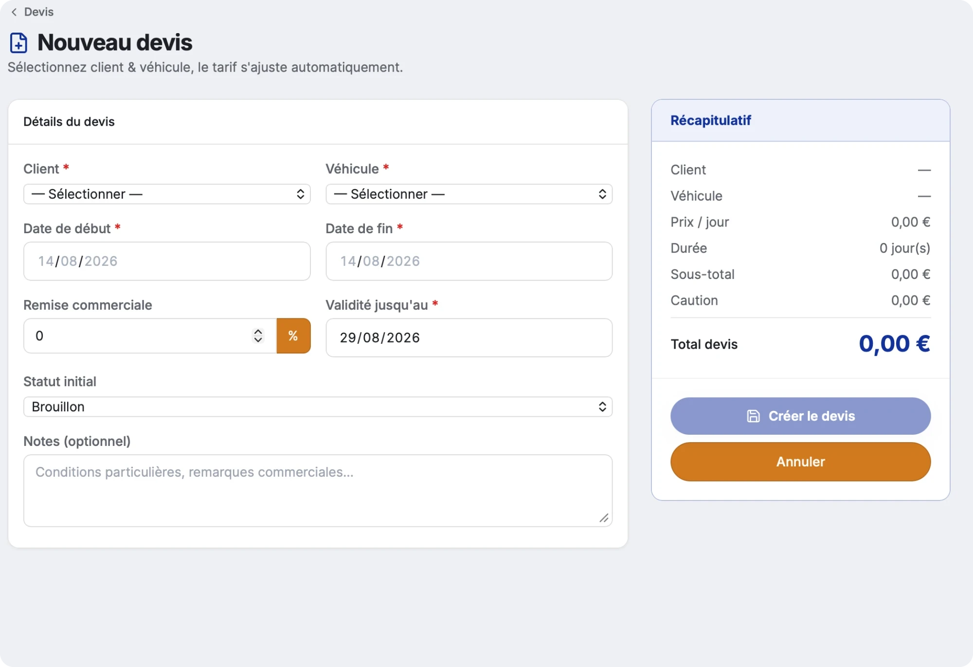 Nouveau devis dans Cleclic : client, véhicule, dates, remise et récapitulatif calculé